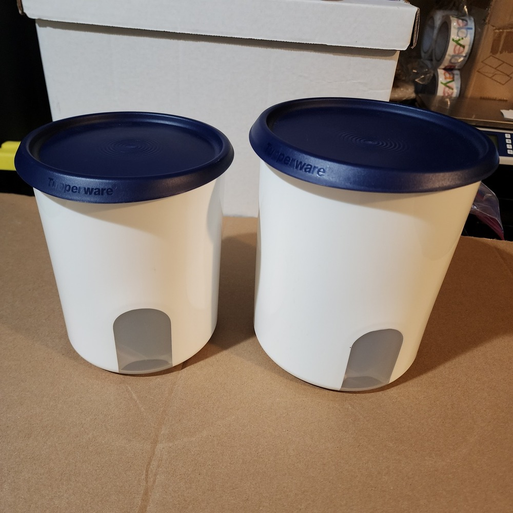 Tupperware Modular Mates One Touch Canisters Set of 2 White Navy Blue 2118B-3